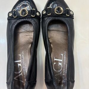 AGL Black Leather Loafers with Gold Accents